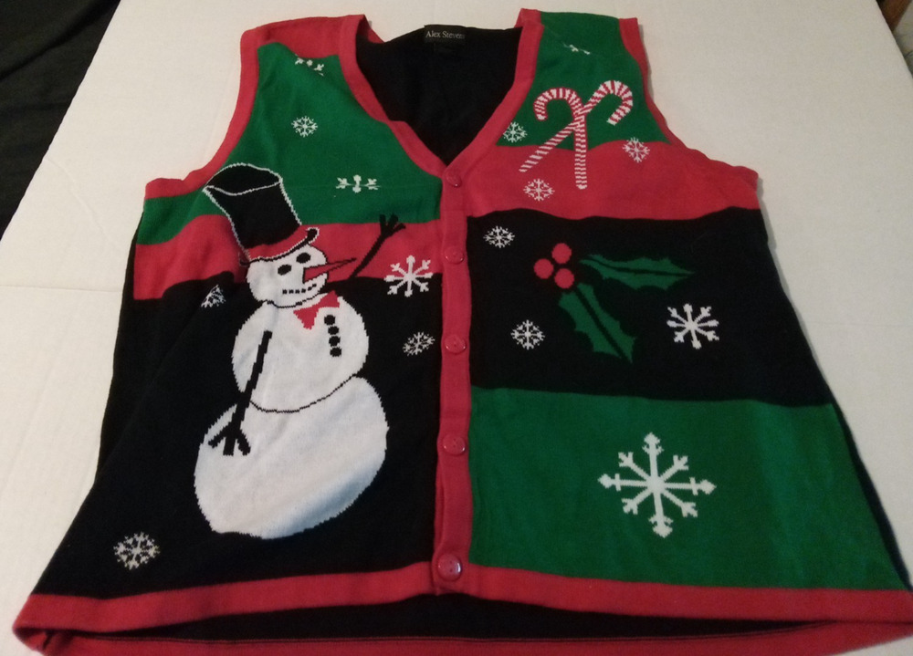 Alex Stevens Size XL Red White Black And Green Button Up Christmas Vest